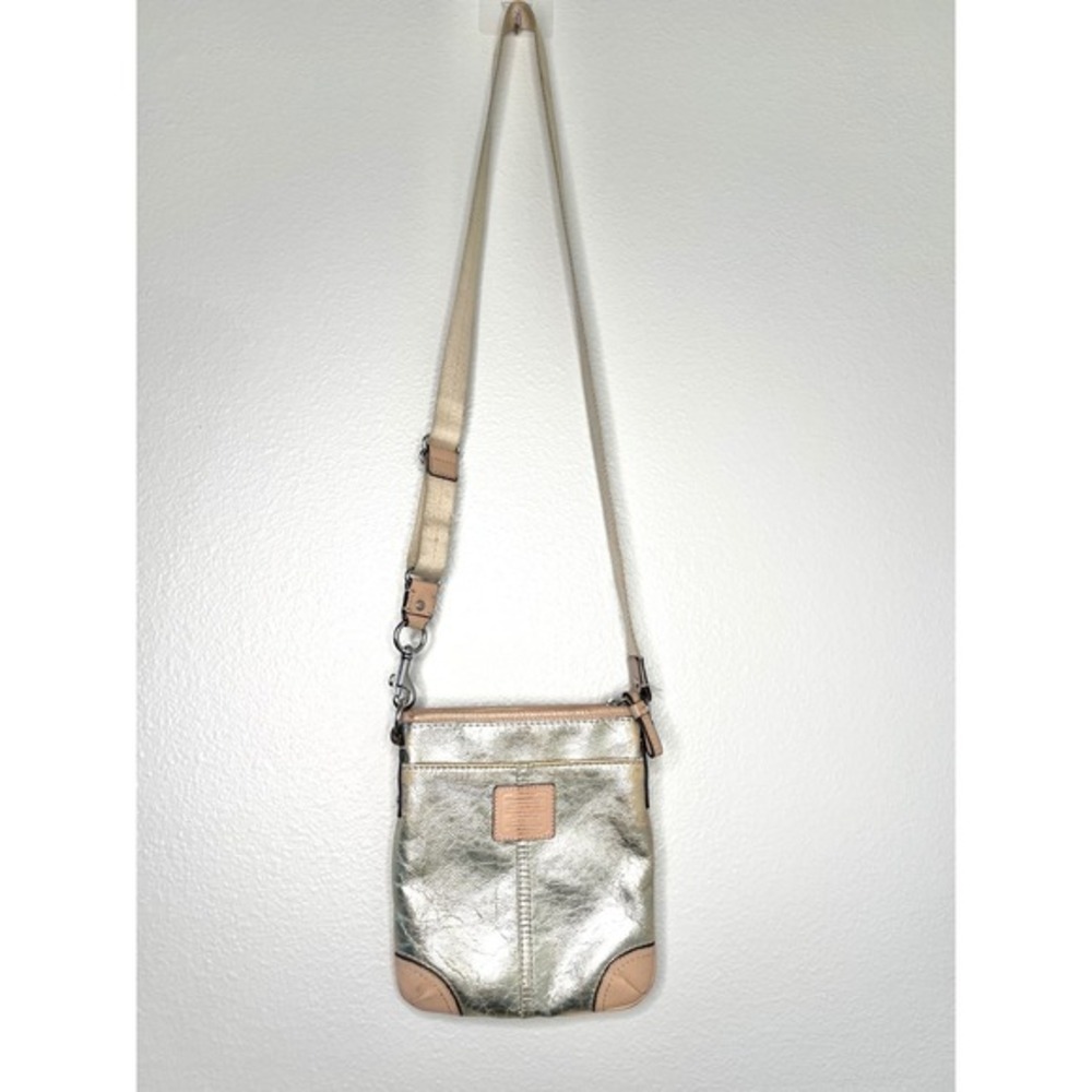 Coach Metallic Gold Leather Crossbody‎ Bag Tan Trim Slim Messenger